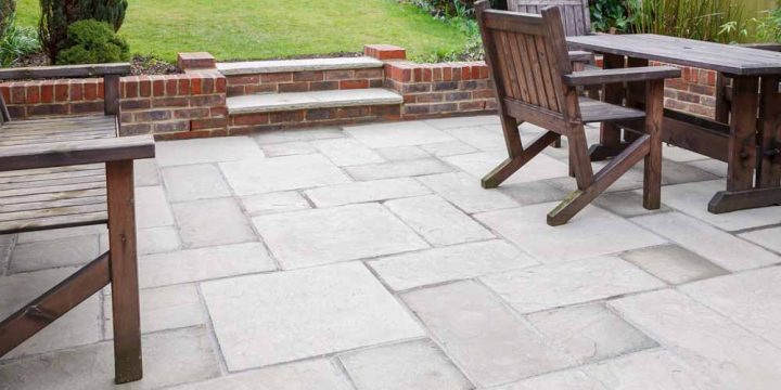 New flagstone patio and backyard, outdoor garden patio with furniture